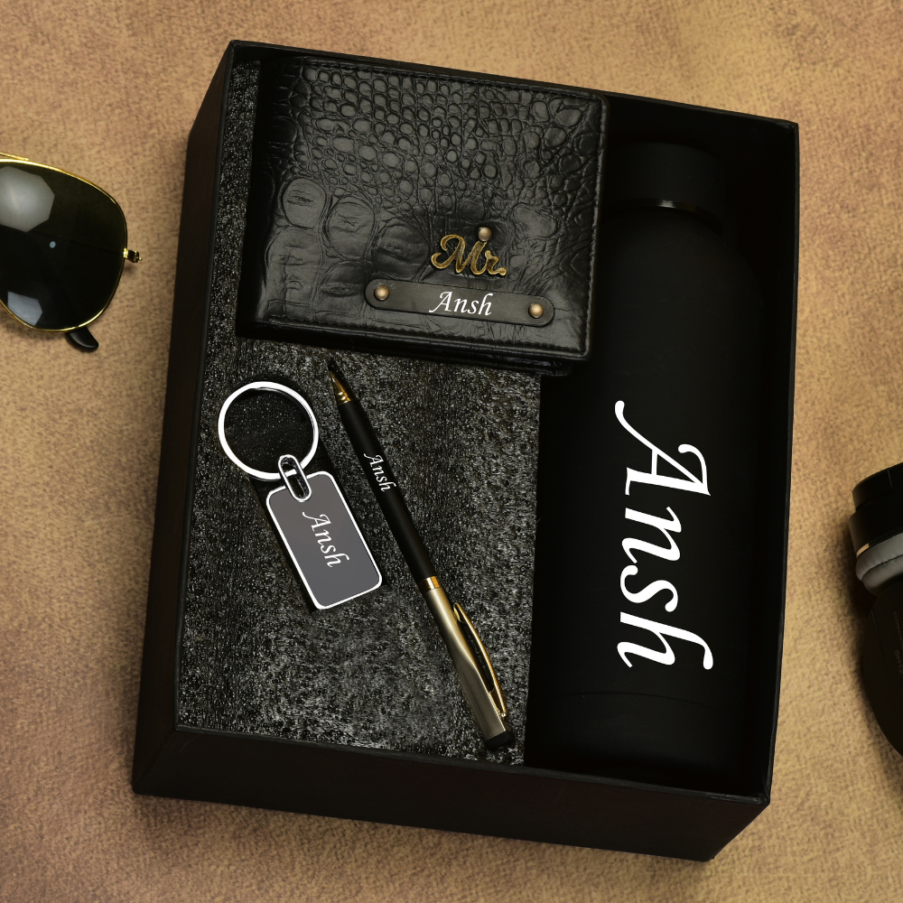 Personalised Leather Name Men's Wallet Keychain Pen & Bottle | Best Customised Gift Combo for Boyfriend Friend Husband Father & Son
