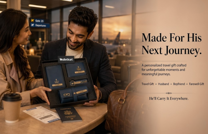 Personalised Men's Wallet, Keychain, Eyewear Case & Passport Cover with Name. & Charm Gift Combo