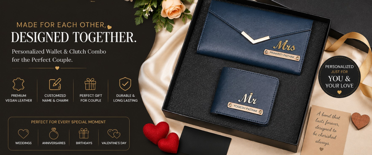 Personalised Leather Name Men’s Wallet & Women’s Clutch Combo for Couple with Name & Charm