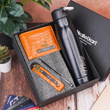 Load image into Gallery viewer, Personalized Gift Set for Men with Custom Name | Textured Bi-Fold Wallet, Personalized Bottle, Keychain &amp; Pen | Premium 4-in-1 Accessories Gift Box Combo for Men
