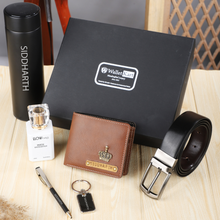 Load image into Gallery viewer, Personalized  Leather Name Men&#39;s Wallet Metal keychain Belt Pen Perfume and Temperature Bottle | Customised Gift ( 6 in 1 ) Combo for Boyfriend Friend Husband Father &amp; Son
