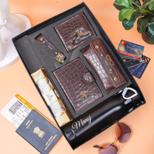 Load image into Gallery viewer, Personalized Premium Gift Combo for Men with Custom Name | Croco Texture Wallet, Passport Holder, Eyeglass Case, Keychain, Bottle &amp; Ferrero Rocher Chocolate | Gift Set for Men
