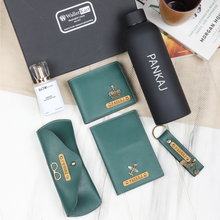 Load image into Gallery viewer, Personalized Leather Name Men&#39;s Wallet Keychain Passport Cover Eyewear H2GO Bottle and Perfume | Customised  Gift (6 in 1 ) Combo for Boyfriend Friend Husband Father &amp; Son
