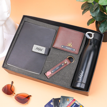 Load image into Gallery viewer, Personalised 4-in-1 Men's Wallet Combo with Keychain, Diary with Name &amp; Charm and Bottle with Name, Best Customised Corporate Gift for Office
