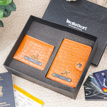 Load image into Gallery viewer, Personalized Wallet &amp; Passport Holder Combo for Men with Custom Name &amp; Charm | Textured Bi-Fold Wallet &amp; Travel Passport Cover | 2-Piece Gift Box for Husband, Boyfriend &amp; Brother
