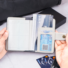Load image into Gallery viewer, Personalized Passport Holder with Name for Men &amp; Women | Custom Name Travel Wallet with Golden Plate &amp; Charm | Textured Passport Cover with Card Slots &amp; Secure Snap Closure
