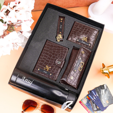 Load image into Gallery viewer, Personalized Gift Set for Men with Custom Name &amp; Charm | Wallet, Passport Holder, Eyewear Case, Bottle &amp; Keychain | 5-in-1 Gift Box for Husband, Boyfriend &amp; Brother
