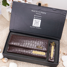 Load image into Gallery viewer, Personalized Gift Combo for Women with Custom Name and Charm | Croco Texture Clutch &amp; Matching Keychain with Golden Name Plate | Premium Gift Box for Her

