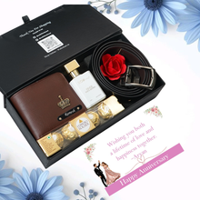 Load image into Gallery viewer, Anniversary Gentleman’s Edition for Boyfriend &amp; Husband – Personalised Leather Men’s Wallet with Name &amp; Charm, Belt, Perfume &amp; Chocolates
