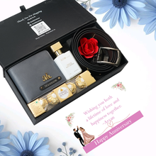 Load image into Gallery viewer, Anniversary Gentleman’s Edition for Boyfriend &amp; Husband – Personalised Leather Men’s Wallet with Name &amp; Charm, Belt, Perfume &amp; Chocolates
