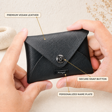 Load image into Gallery viewer, Personalised Mini Wallet for Men &amp; Women with Custom Name | Compact Cash, Coin &amp; Card Holder | Vegan Leather Pocket Wallet with Snap Closure
