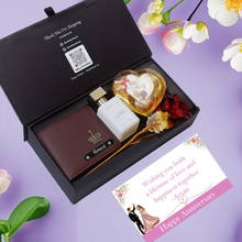Load image into Gallery viewer, Anniversary Moments Gift Set for Boyfriend &amp; Husband – Men’s Wallet with Name &amp; Charm, Perfume, Rose &amp; Chocolates

