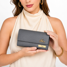 Load image into Gallery viewer, Personalized Clutch Wallet for Women | Custom Name &amp; Charm | Ladies Long Purse with 8 Card Slots, ID Window, Mobile Pocket, Zipper Pocket &amp; Cash Compartments | Gift for Her
