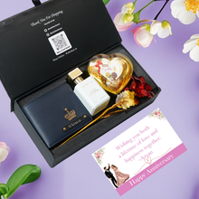 Load image into Gallery viewer, Anniversary Moments Gift Set for Boyfriend &amp; Husband – Men’s Wallet with Name &amp; Charm, Perfume, Rose &amp; Chocolates
