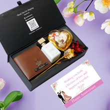 Load image into Gallery viewer, Anniversary Moments Gift Set for Boyfriend &amp; Husband – Men’s Wallet with Name &amp; Charm, Perfume, Rose &amp; Chocolates
