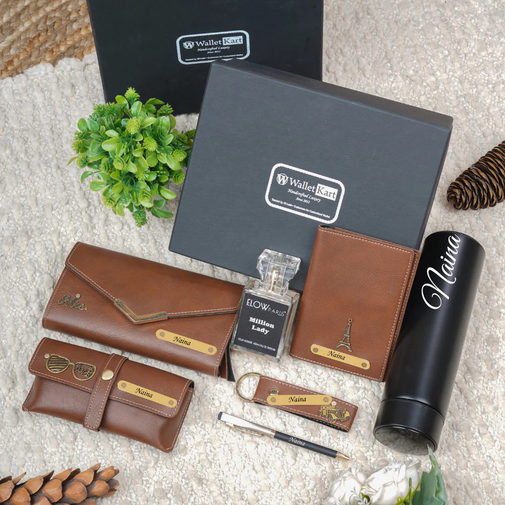 Stylish Personalized 7-in-1 Leather Gift Set for Women | Customized Premium Gift Combo for Her