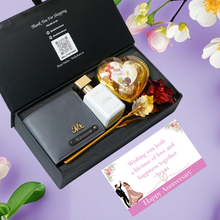 Load image into Gallery viewer, Anniversary Moments Gift Set for Boyfriend &amp; Husband – Men’s Wallet with Name &amp; Charm, Perfume, Rose &amp; Chocolates

