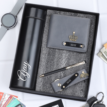 Load image into Gallery viewer, Luxury Customized Leather Gift Combo: Wallet, Pen, Keychain &amp; Temperature Bottle for Him

