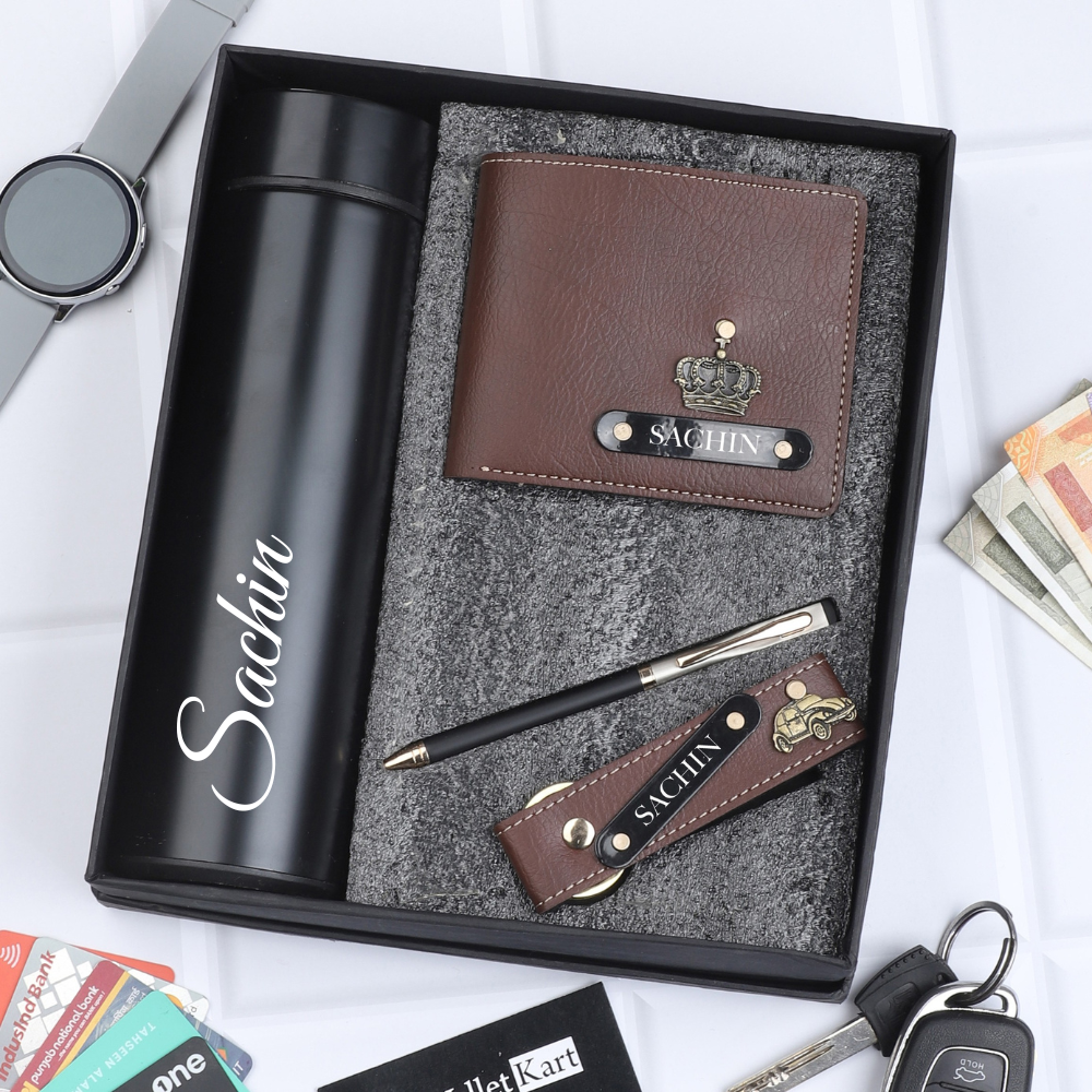 Name Engraved Wallet, Pen, Keychain & Bottle for Men | 4-in-1 Gift Combo
