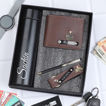 Load image into Gallery viewer, Luxury Customized Leather Gift Combo: Wallet, Pen, Keychain &amp; Temperature Bottle for Him
