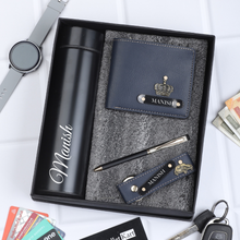 Load image into Gallery viewer, Luxury Customized Leather Gift Combo: Wallet, Pen, Keychain &amp; Temperature Bottle for Him
