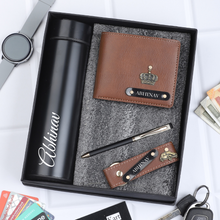Load image into Gallery viewer, Luxury Customized Leather Gift Combo: Wallet, Pen, Keychain &amp; Temperature Bottle for Him
