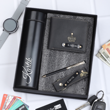Load image into Gallery viewer, Luxury Customized Leather Gift Combo: Wallet, Pen, Keychain &amp; Temperature Bottle for Him
