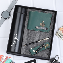 Load image into Gallery viewer, Luxury Customized Leather Gift Combo: Wallet, Pen, Keychain &amp; Temperature Bottle for Him
