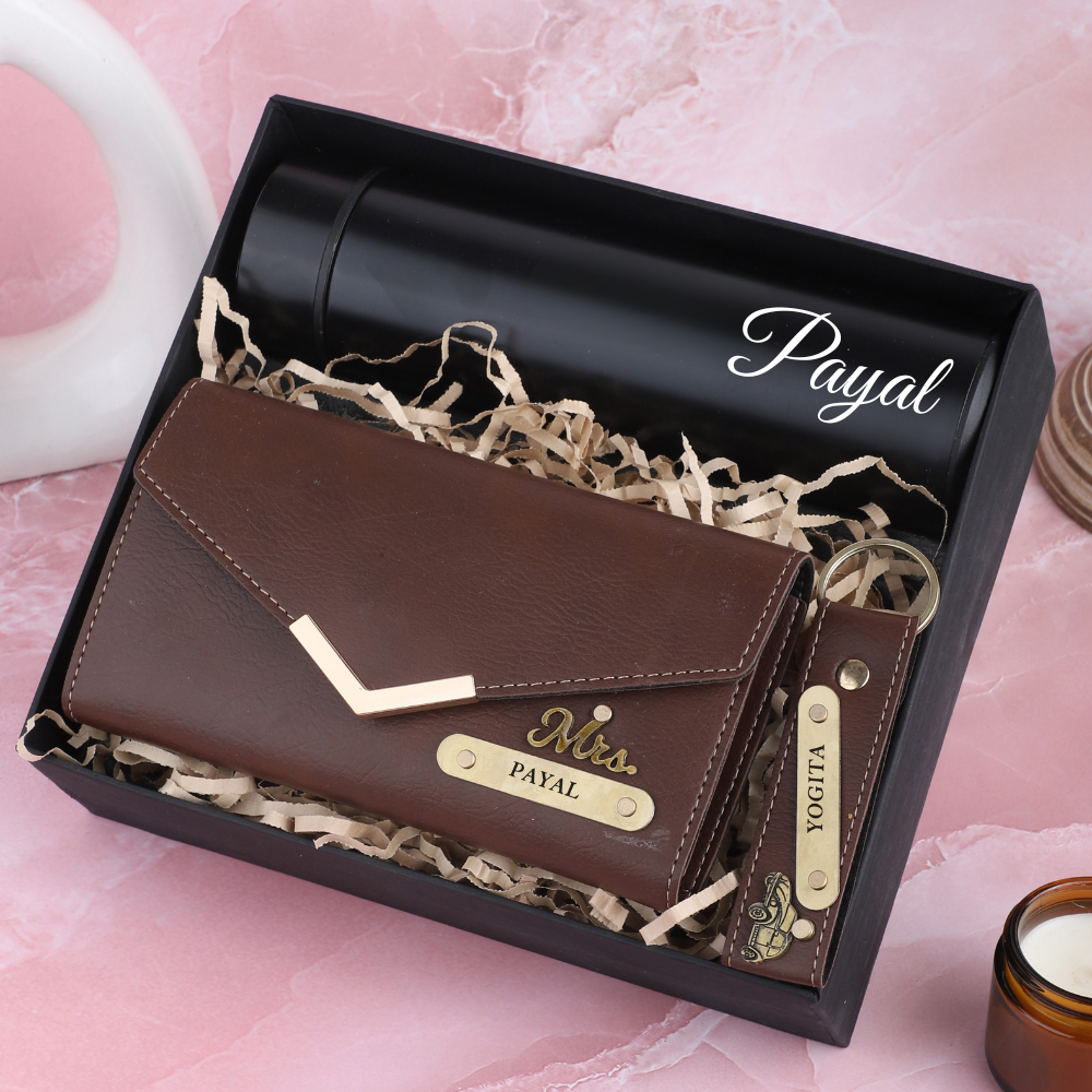 Exclusive Personalized Custom Gift Set | Clutch, Keychain & Bottle Set for Women | Thoughtful Gift for Loved Ones