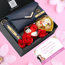 Load image into Gallery viewer, Personalised Romantic Gift Set for Women | Clutch, Keychain with Name &amp; Charm Teddy &amp; Chocolates Combo
