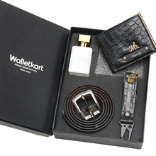 Load image into Gallery viewer, Personalized Gift Set for Men with Custom Name | Textured Bi-Fold Wallet, Adjustable Belt, Personalized Keychain &amp; Perfume | Premium 4-in-1 Accessories Gift Box Combo for Men
