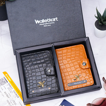 Load image into Gallery viewer, Personalized Couple Passport Holder Gift Set with Custom Name | Passport Cover Combo for Men &amp; Women with Black Name Plate &amp; Airplane Charm | Travel Wallet with Card Slots &amp; Snap Closure
