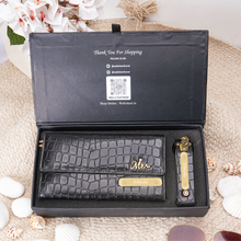 Load image into Gallery viewer, Personalized Gift Combo for Women with Custom Name and Charm | Croco Texture Clutch &amp; Matching Keychain with Golden Name Plate | Premium Gift Box for Her
