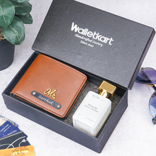 Load image into Gallery viewer, Personalised 2-in-1 Leather Name Men's Wallet with charm and Name Engraved on Parfume Bottle
