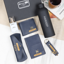Load image into Gallery viewer, Personalized Leather Name Men&#39;s Wallet Keychain Passport Cover Eyewear H2GO Bottle and Perfume | Customised  Gift (6 in 1 ) Combo for Boyfriend Friend Husband Father &amp; Son
