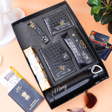 Load image into Gallery viewer, Personalized Premium Gift Combo for Men with Custom Name | Croco Texture Wallet, Passport Holder, Eyeglass Case, Keychain, Bottle &amp; Ferrero Rocher Chocolate | Gift Set for Men
