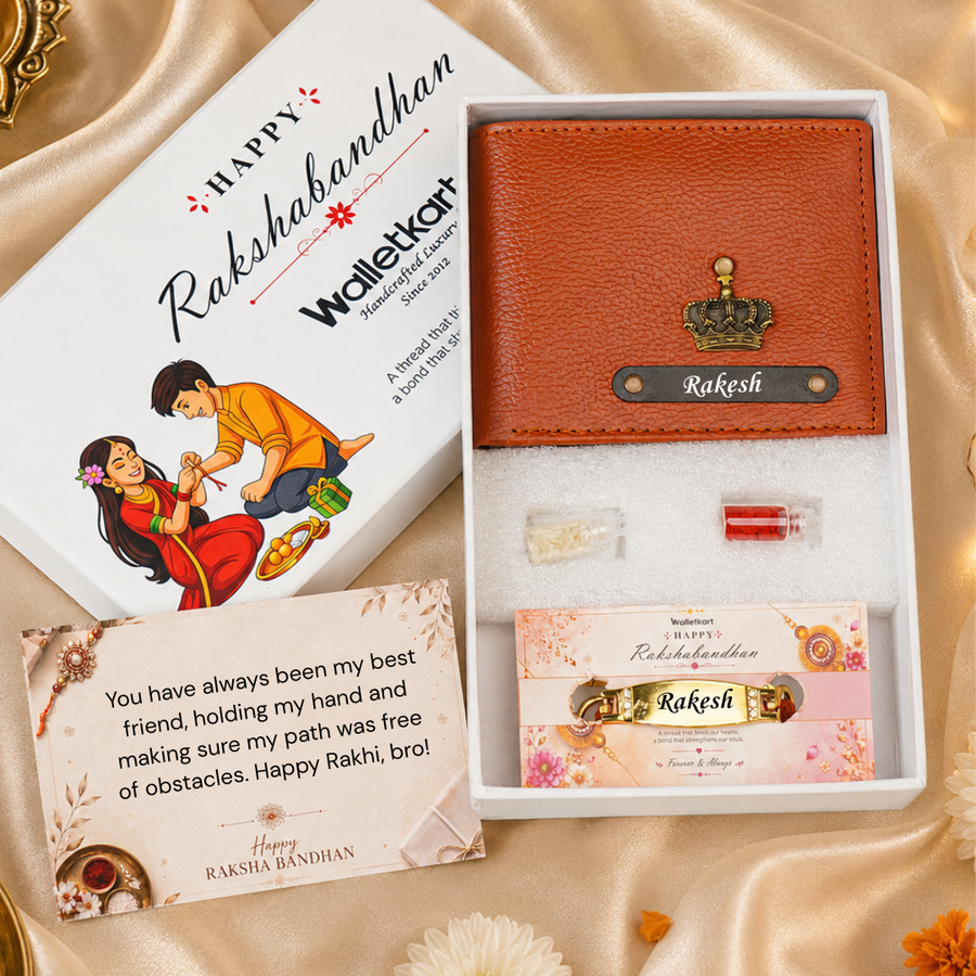 Personalized Executive Leather Wallet with Custom Name Rudraksha Rakhi | Premium Gift Box with Roli & Chawal | Raksha Bandhan Gift for Brother