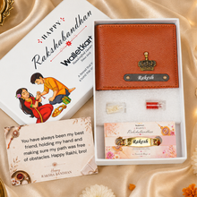 Load image into Gallery viewer, Personalized Executive Leather Wallet with Custom Name Rudraksha Rakhi | Premium Gift Box with Roli &amp; Chawal | Raksha Bandhan Gift for Brother
