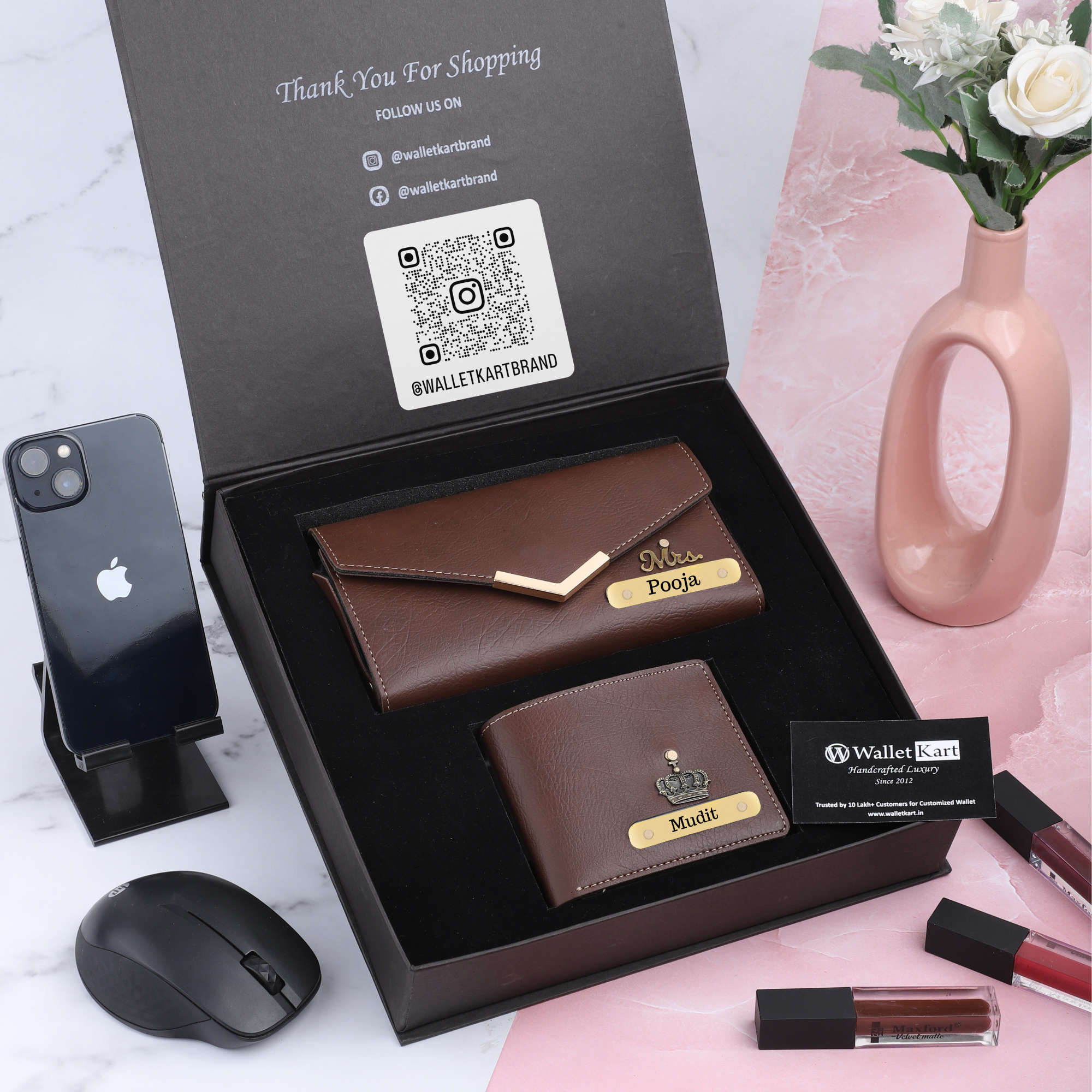 Personalized Leather Wallet & Clutch Combo for Couples | Custom Gift Set