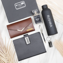 Load image into Gallery viewer, Personalized Leather Name Women&#39;s Clutch Metal Keychain Dairy Pen Perfume and H2GO Bottle | Best Customized ( 6 in 1 ) Gift Combo for Girlfriend Friend Wife Mother &amp; Sister
