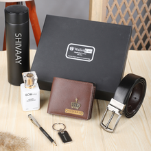 Load image into Gallery viewer, Personalized  Leather Name Men&#39;s Wallet Metal keychain Belt Pen Perfume and Temperature Bottle | Customised Gift ( 6 in 1 ) Combo for Boyfriend Friend Husband Father &amp; Son
