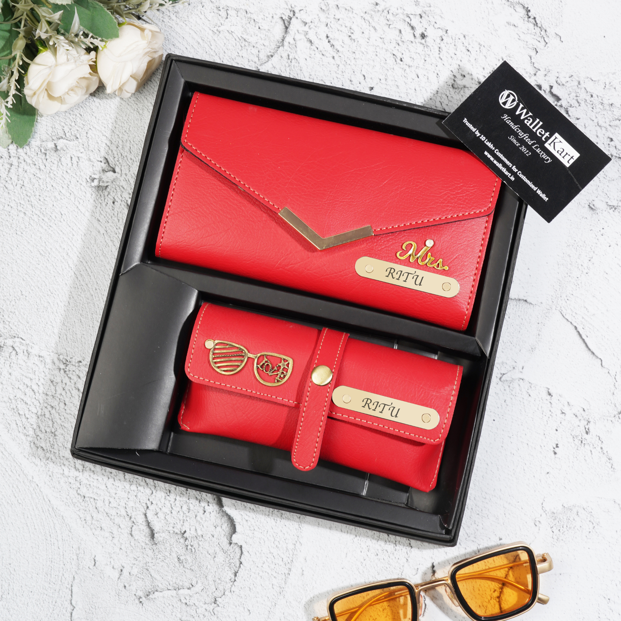 Personalized Ladies Leather Clutch and Eyewear Cover with Name 