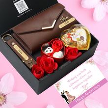 Load image into Gallery viewer, Personalised Romantic Gift Set for Women | Clutch, Keychain with Name &amp; Charm Teddy &amp; Chocolates Combo
