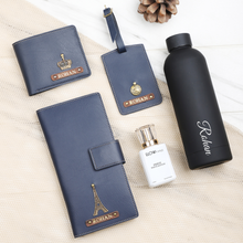 Load image into Gallery viewer, Customized Leather Men&#39;s Wallet Travel Wallet Luggage tag Perfume and H2GO Bottle with Name and Charm
