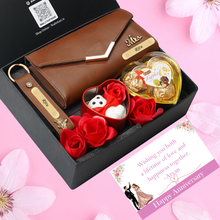 Load image into Gallery viewer, Personalised Romantic Gift Set for Women | Clutch, Keychain with Name &amp; Charm Teddy &amp; Chocolates Combo
