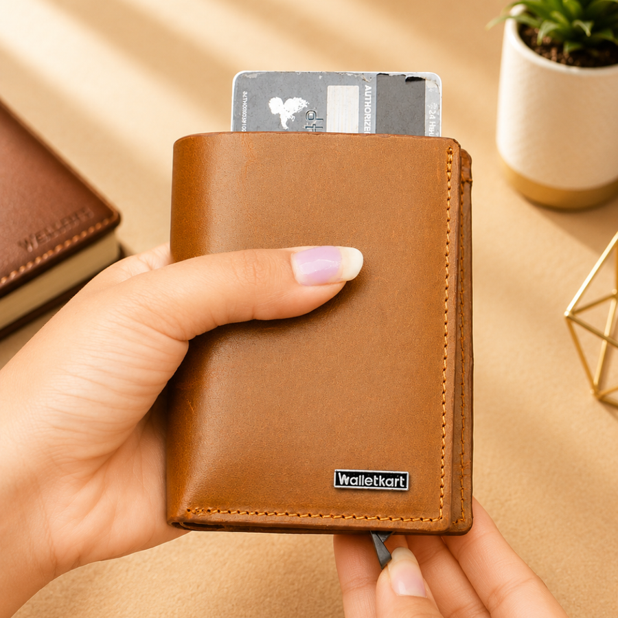 VALENTE Men's Genuine Leather RFID Blocking Bi-Fold Wallet – 6 Pop-Up Cards, 3 Card Slots, 1 ID Window, Magnetic Closure (STYLE ID#44)