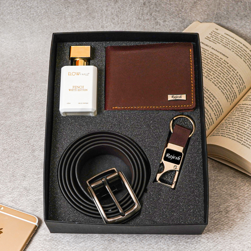 Premium 4-in-1 Personalized Gift Set – Wallet, Belt, Snaphook & Perfume for Boyfriend/Husband on Birthday & Anniversary  (Style ID #17)