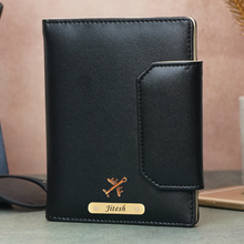 Load image into Gallery viewer, Personalized Family Passport Organizer for 3 Passports | Custom Name Travel Document Wallet with 8 Card Slots, Cash Pocket, Boarding Pass Holder &amp; Secure Closure (STYLE ID#49)
