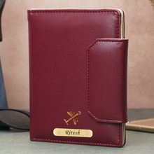 Load image into Gallery viewer, Personalized Family Passport Organizer for 3 Passports | Custom Name Travel Document Wallet with 8 Card Slots, Cash Pocket, Boarding Pass Holder &amp; Secure Closure (STYLE ID#49)
