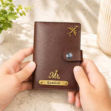 Load image into Gallery viewer, Personalized Golden Nameplate Passport Holder for Men &amp; Women with Custom Name &amp; Charm | Travel Wallet with Card Slots, ID Window &amp; Cash Pocket | Secure Snap Closure | Premium Passport Cover
